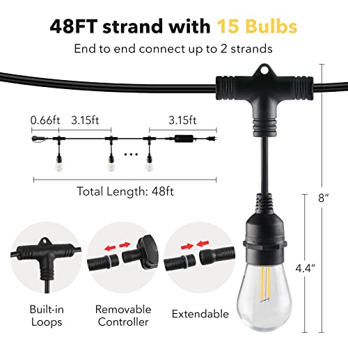 Hbn 48Ft Outdoor String Lights-Smart Outside String Lights-15 Led Bulbs Dimmable & Shatterproof, 2.4 Ghz Wi-Fi & Bluetooth App Control, Works With Alexa/Google Assistant, Ip65 Waterproof & Extendable #TOP4