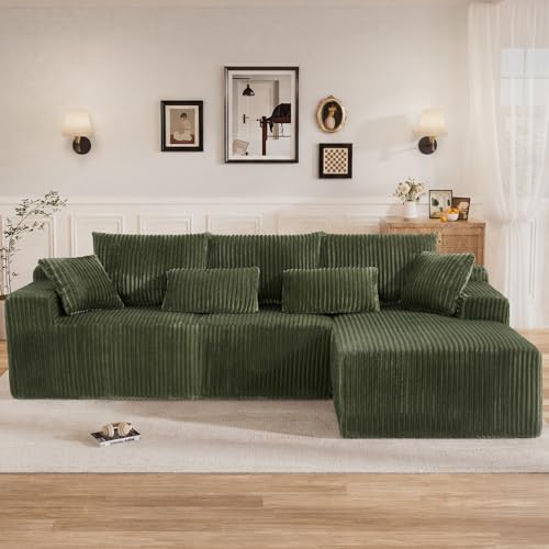 Image of 110 inch L Shaped Cloud Boneless Sectional Couches for Living Room, Modern Comfy Modular Deep Seat Memory Foam Compressed Corduroy Sofa Oversized Right Facing Chaise, No Assembly Required, Green