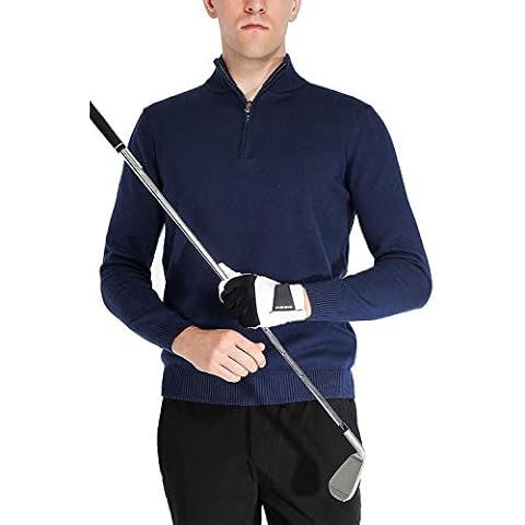 aoli ray Golf Mens Jumper 1/4 Zip Neck Cotton Blend Warm Knitted Sweater Pullover Tops Deep Blue Large Cover