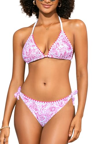 Image of SHEKINI Women's Bikini Set Triangle Halter Tie Side Cheeky Bottom Paisley Shell Stitched Two Piece Swimsuit Boho Beach Swimwear, Pink Floral, S