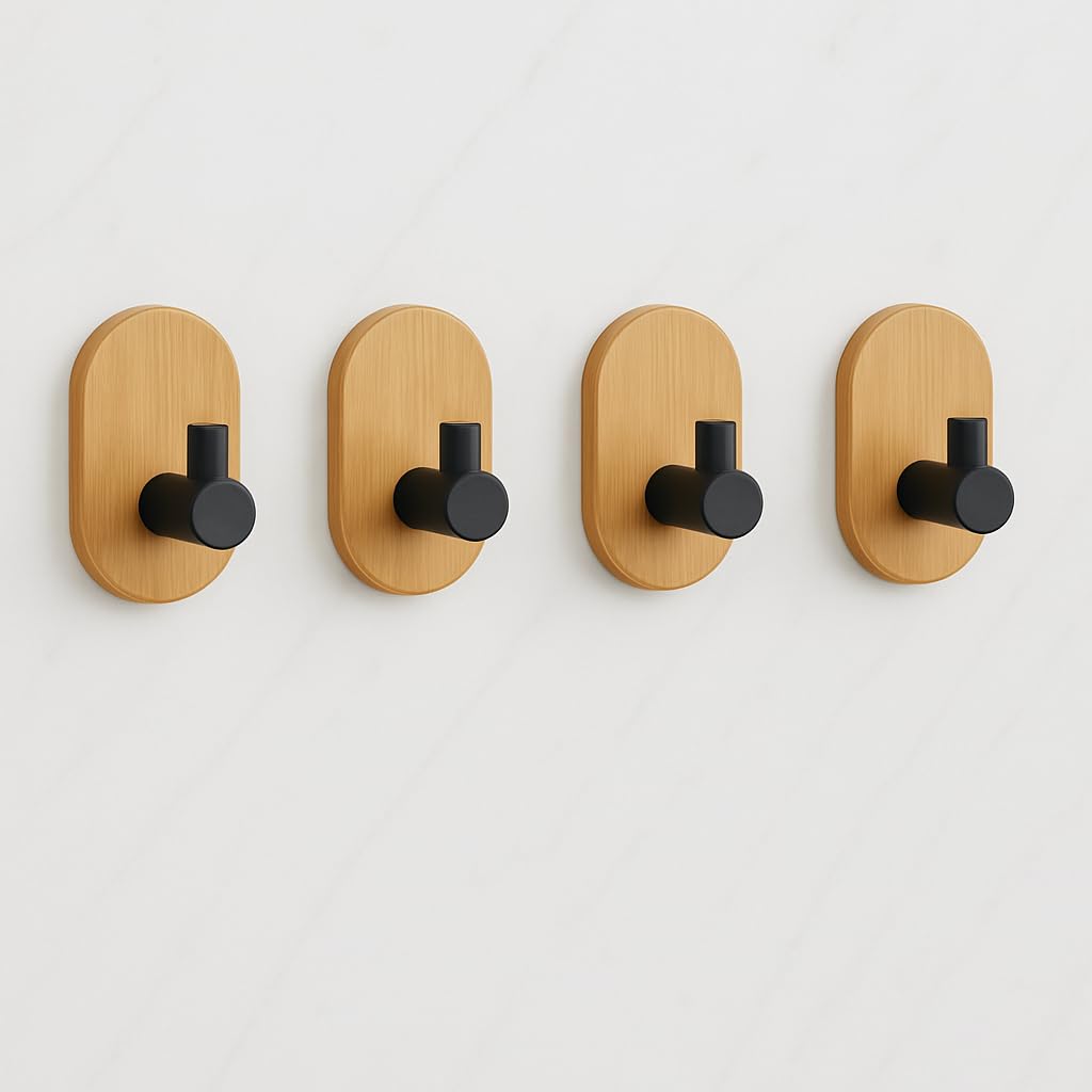 JIALTO 4 PCS Wooden Bathroom and Kitchen Without Drill Self Adhesive Hooks for Wall | Self Adhesive Wall Hook for Bathroom Accessories, Stylish Home Decor Items - (Rectangle Black Wooden)