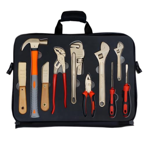 10-Piece Non-Sparking Tool Set, FM Approved Aluminum Bronze Safety Tools for Explosive Environments, Pipe Wrench, Screwdriver, Adjustable Wrench, Pliers, Hammer, Putty Knife