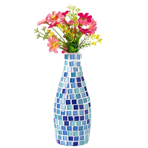 Flower Vase for Home Decor, Soda Glass Bottles are Recycled and reused for Handmade vases Mosaic Pieces for Office, Living Room Kitchen, Wedding (Blue)