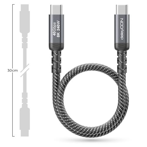 deleyCON 0,30m USB-C Kabel Kurz 40Gbps 240W USB 4.0 Ladekabel Datenkabel, DP Alt Mode, 8K@60Hz für Notebook, MacBook, Monitor, SSD, iPad, iPhone 17 16 Air Max Pro, Galaxy S25 usw.