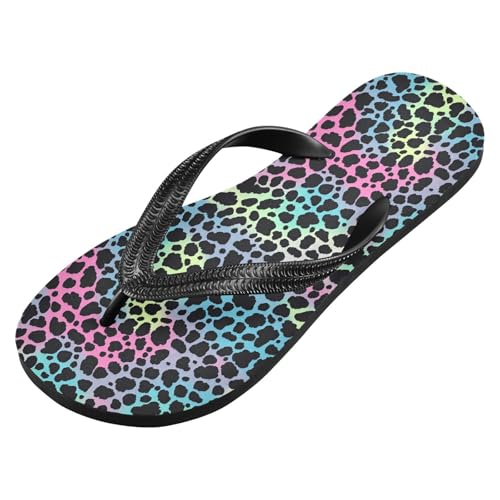ALAZA Colorful Leopard Print Flip Flops for Women Fashion Beach Slippers Comfort Mens Flip Flops Non-Slip Rubber Shower Slippers Sandal for Hotel Travel Sport,XS2