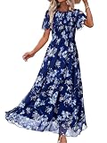 Simplee Womens Floral Maxi Wedding Guest Dress Bohemian Short Sleeve Loose Sundress Lightweight Flowy Prom Vacation Dress(Floral 2Blue S)