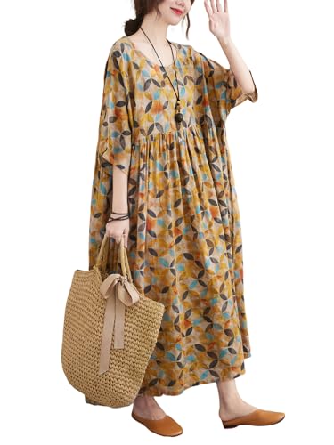 Women Plus Size Casual Dresses Loose Vintage Printed Summer Dresses Round Neck with Side Pockets Yellow Brown