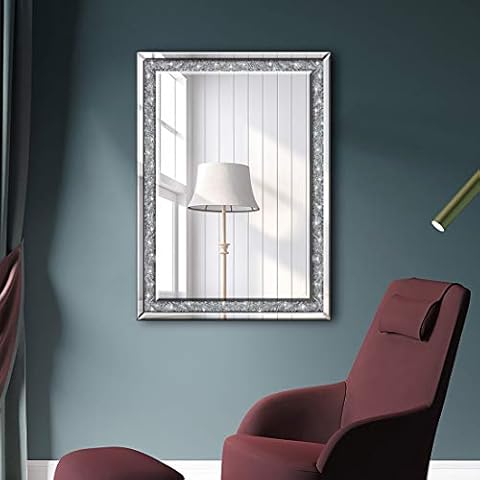 QMDECOR Crystal Crush Diamond Rectangle Silver Mirror for Wall Decoration 25.6x35.5x1 inch Wall Hang Frameless Mirror Acrylic Diamond Décor Cover