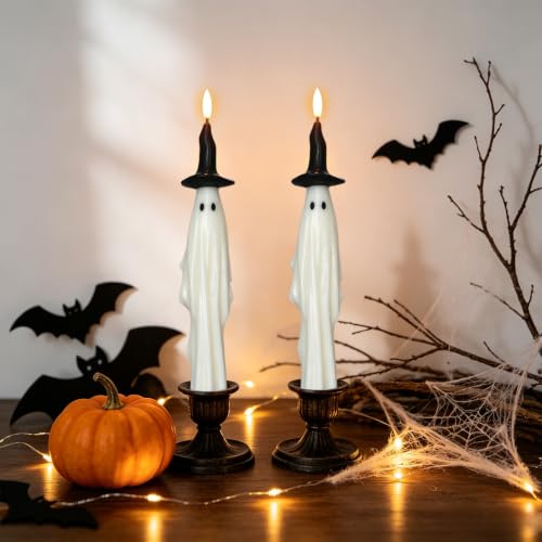 Image of Halloween Witch Flameless Taper Candles Battery Operated with 6H Timer, Set of 2 Real Wax 3D Wick Fickering Ghost LED Candlesticks Spooky Halloween Indoor Decor(0.79 inchD x 11.4 inchH)