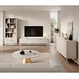 Lomadox Wohnzimmer Set mit Rillenfront in beige, Goldfarbene Griffe, mit TV-Lowboard, Bücherregal & Kommode, 3-teilig