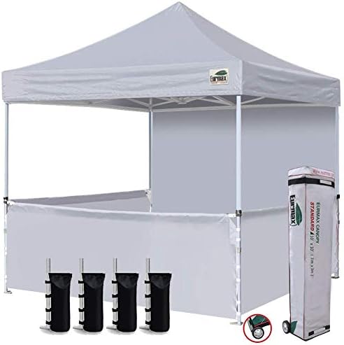 Eurmax 10'x10' Ez Pop-up Booth Canopy Tent Commercial Instant Canopies with 1 Full Sidewall & 3 Half Walls and Roller Bag, with 4 SandBags + 3 Cross-Bar (Grey)