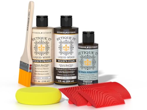 Retique It Wood Finish Multi-Purpose Kit – Go Beyond Faux Wood Including Paintable Liquid Wood Based Primer, Gel Stain - Graining Tools Included (2X 8oz Kit, Charcoal)