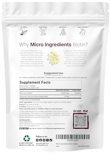 image for Micro Ingredients Biotin 10,000mcg w/Hyaluronic Acid 25mg | 365 Virgin