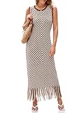 Wenrine Womens Summer Crochet Knit Dress Sleeveless Casual Striped Tassel Tank Sweater Boho Maxi Dresses Brown