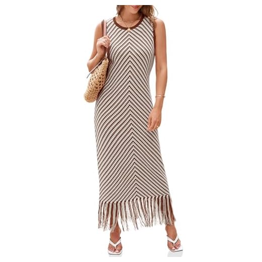 Wenrine Womens Summer Crochet Knit Dress Sleeveless Casual Striped Tassel Tank Sweater Boho Maxi Dresses Brown