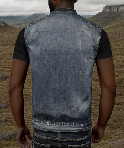 Pantete Denim Vest for Men Stand Collar Retro Zipper Sleeveless Jacket Slim Fit Cowboy Distressed Jean Vest with Pockets4
