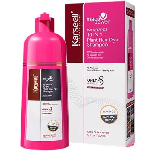 Karseell MACA CARE SYSTEM Champú Tinte Castaño Natural Chestnut Brown Cobertura Canas Instantáneo Aceite de Argán Queratina Hidrolizada Cabello Seco 5 Minutos Sin Parabenos Sin Siliconas 500ml