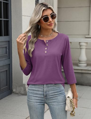 Zeagoo Womens Tops 3/4 Length Sleeve T Shirts Dressy Casual Button Down Blouses Spring Fall Clothes2