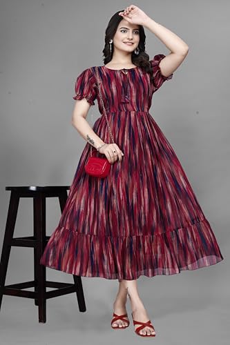 Image of Women Gown with Abstract Print | Georgette One Piece Dress with Puff Sleeves | Round Neck Tiered Midi Frock for Women | Ladies Western Maxi Dress
