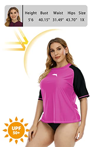 Halcurt Women Plus Size Rash Guard Swim Shirt Short Sleeve Bathing Suit Shirt 2X Neon Pink/Black #TOP2