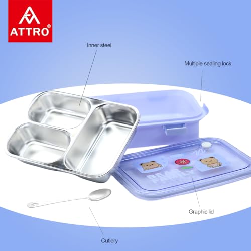 Image of Attro Bento 3 Deluxe Lunch Box with Inner Stainless Steel & Secure Lock Cute Eye Catchy Design Food Grade, Leakproof, Vacuum Seal Design Use for School Kids & Outdoor- 750ml Lavender