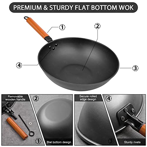 Carbon Steel Wok, 9 Pcs Wok Pan With Iron Lid & Handle Stir-Fry Pans 12.8" Chinese Wok Flat Bottom Wok With Cookware Accessories Suitabe For All Stoves (Black) #TOP3