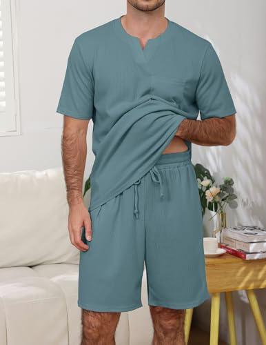 Image of JiniGolla Mens Pajamas Set Soft Short Sleeve Top and Pant Loungewear Sets 2 Piece Pjs with Pockets