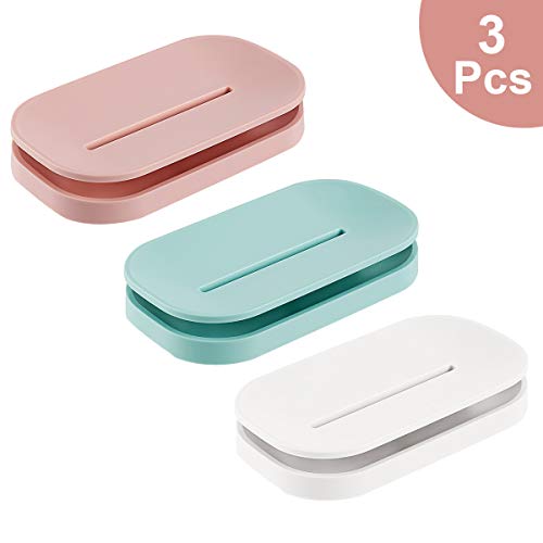 Tompig 3 Pezzi Portasapone con Scarico, Staccabile, Facile da Pulire, Portasaponetta per Mantenere Sapone Asciutto e Pulito, Usato in Cucina, Bagno, Doccia. 3 Colori (Bianco, Azzurro, Rosa)