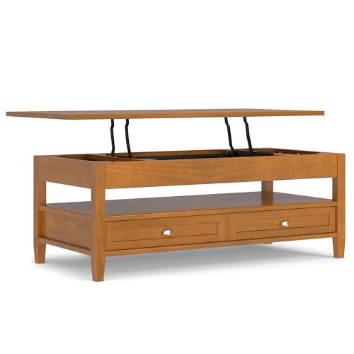 SIMPLIHOME Warm Shaker 48" Wide Solid Wood Lift Top Coffee Table in Brown