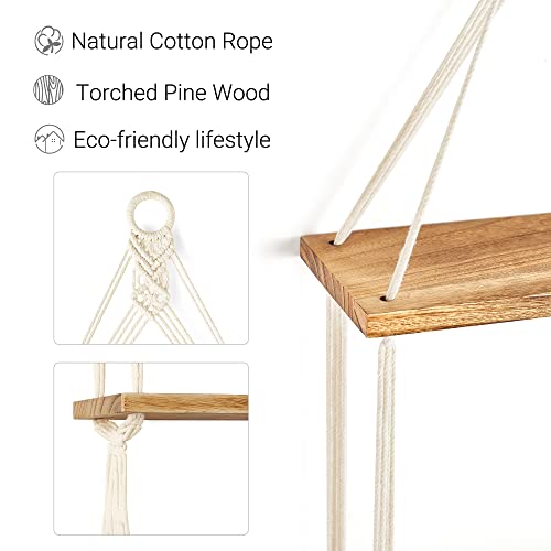 Mkono Boho Wall Shelf 2 Tier Cotton Rope Handmade Macrame Wall Mounted Shelves Rustic Wooden Floating Shelves for Pictures Plants Hanging Storage Shelf for Living Room Bedroom by Mkono - Image 2