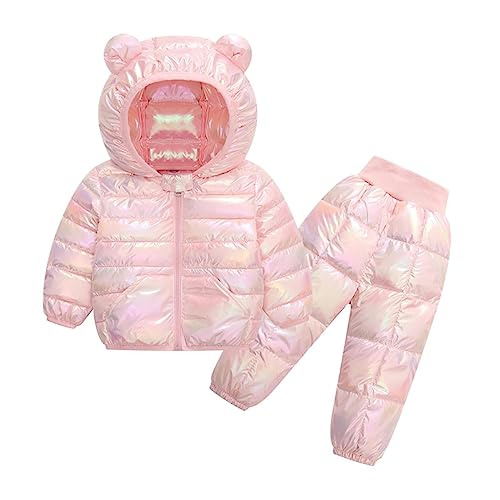 2-Piece Kids Boys Girls Snowsuit Metallic Hooded Puffer Jacket Lightweight Packable Quilted Down Coat (Pink, 3-4 Years)