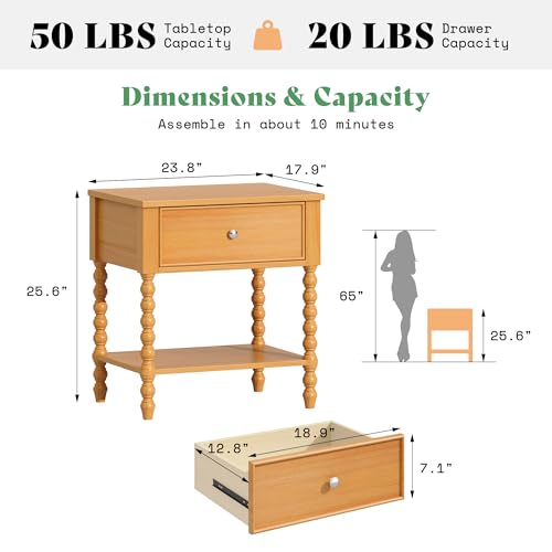 Image of AMERLIFE 24 inch Wood Nightstand, Vintage Bedside Table for Bedroom, Solid Wood Night Stand with Turned Legs, End Table with Drawer & Open Shelf, Large /Tall Nightstand, Natural Finish
