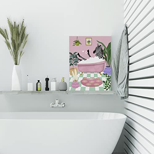 Zebra Pink Bath Plants Canvas Poster Painting Bathroom Wall Art, Zebra Picture Artwork Framed Print Ready To Hang For Home Wall Decor 12 X 15 Inch #TOP5