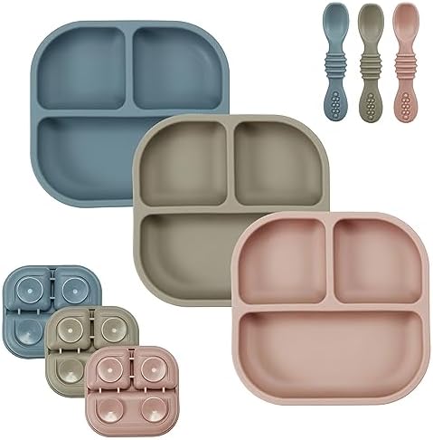 PandaEar 3 Stück Rutschfest Baby teller mit Saugnäpf und 3 Löffel, Unterteilt Kinderteller Set, Silikonteller Baby Saugnapf, Geteilte Esslernteller, BPA-frei