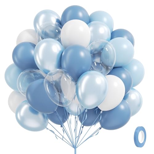 Image of 60pcs Dusty Blue Balloons 12inch with Clear Pastel Pearl Blue and White Balloons for Wedding Bridal Baby Shower Shower Birthday Party Decorations