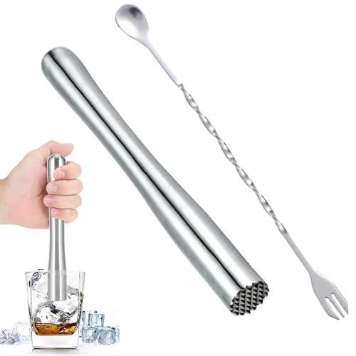 Stainless Steel Muddler Set,Stainless Steel Cocktail Muddler Ice Crusher Masher with Cocktail Mixing Spoon Essential Bar Tools for Home Bartending