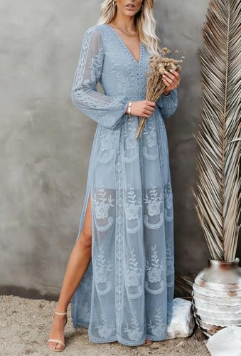 Image of LRISES Womens V Neck Floral Embroidered Lace Wedding Maxi Dress Boho Short Sleeve Slit Bridesmaid Evening Party Dresses