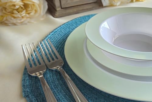 " OCCASIONS " 50 Plates Pack (25 Guests)-Wedding Party Disposable Plastic Plate Set -25 x 10.5'' Dinner + 25 x 7.5'' Salad/Dessert plates (Rio, in White & Pearled Green) — view 3