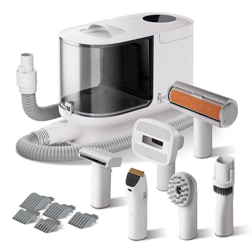 Fudajo Set per toelettatura di animali domestici 6 in 1, aspira peli per cani e gatti, tosatrice per cani, con accessori per la cura del pelo, colore bianco