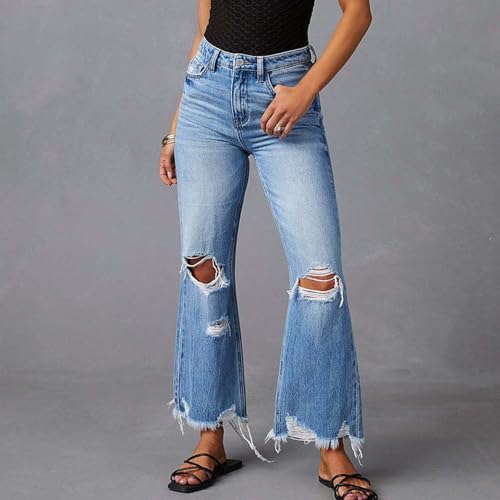 Bell Bottom Jeans for Women Ripped Skinny Bell Bottom Ladies Elastic Skinny Flared Raw Hem Flare Denim Pants2