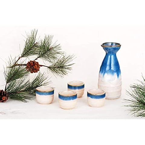 Hinomaru Collection Reactive Glaze Japanese Sake Set Tokkuri 10 fl oz Bottle with Four Sake Ochoko Cups 2 fl oz Drinkware (White Blue) Cover