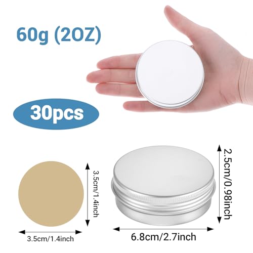 30 Pack Salve Tins 2 Oz Tins with Lids Refillable Salve Containers Small Metal Aluminum Tin Cans with Labels Round Empty Travel Sized Cosmetic Containers Small Tin for Lotion Bar, Beard Balm, Candle2
