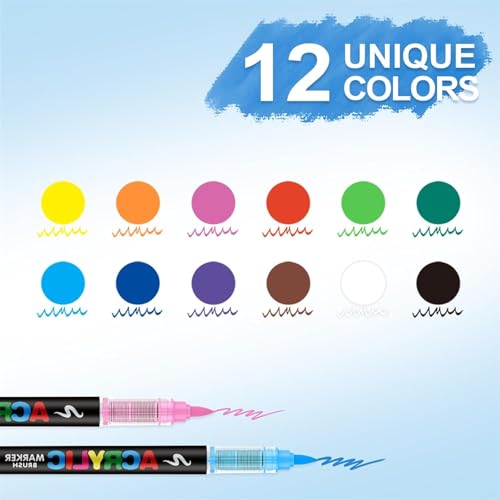 Image of Acrylic Paint Markers Brush Tip, Vivid Colors with Direct-Liquid Ink System, Professional-Grade Paint Pen for Rock Painting, Canvas, Glass, Plastic, Fabric & Creative Crafts (12 Pieces)