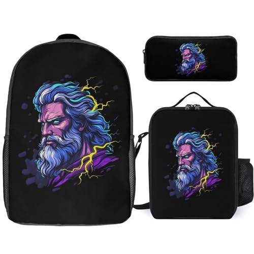 Zeus Greek God with Thunder Classic Backpack Lunch Bag Pencil Case 3 Piece Set Travel Daypack