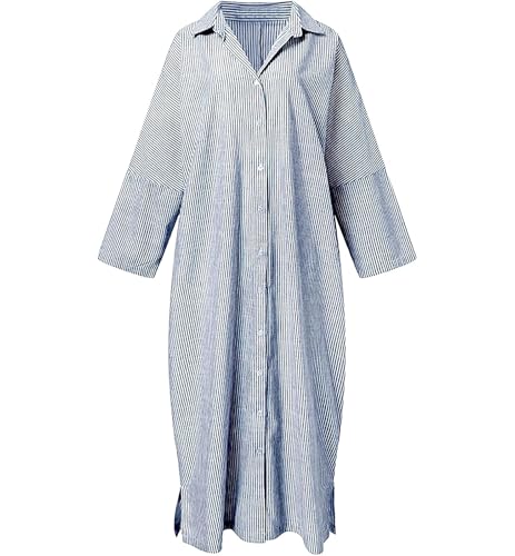 Image of ebossy Women's Casual Stripes Buttoned Long Sleeve Oversized Loose Fit Maxi Shirt Dress Plus Size (3XL, Blue)
