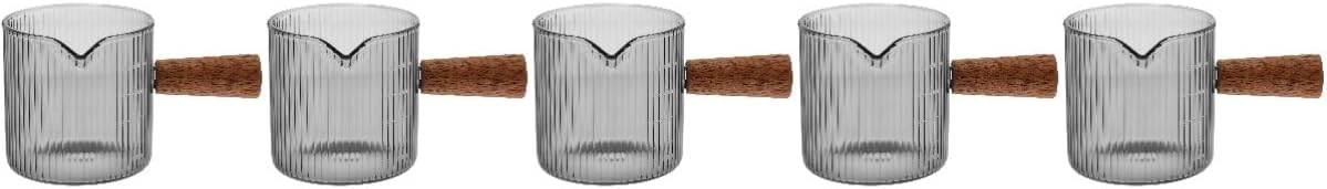 5pcs Creamer Pitcher Wood Handle Espresso Measuring Cup for Coffee Juice and More Glass Design Easy Pour Spout for Home Use