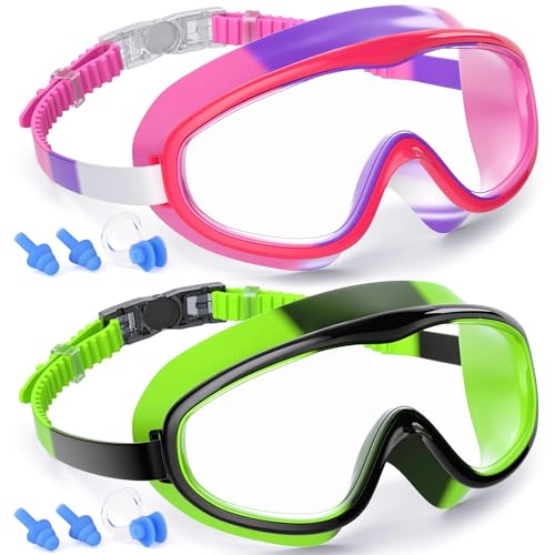 COOLOO Kids Swim Goggles for Age 3-15, 2 Pack Kids Goggles for Swimming,Multicolor purple+green