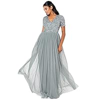 Maya Deluxe Vestido Maxi Adornado con Escote En V Dama de Honor para Mujer, Misty Green, 50