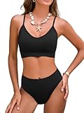 CUPSHE Damen Bikini Set Zweiteilige Sport Mittlerer Bund Runder Ausschnitt Spaghetti Träger Verstellbar Textur Midkini Badeanzug Bademode Schwarz M