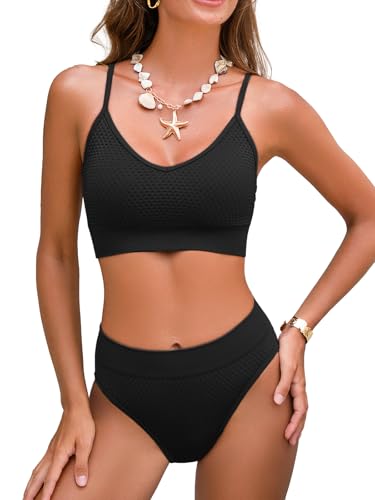 CUPSHE Damen Bikini Set Zweiteilige Sport Mittlerer Bund Runder Ausschnitt Spaghetti Träger Verstellbar Textur Midkini Badeanzug Bademode Schwarz M